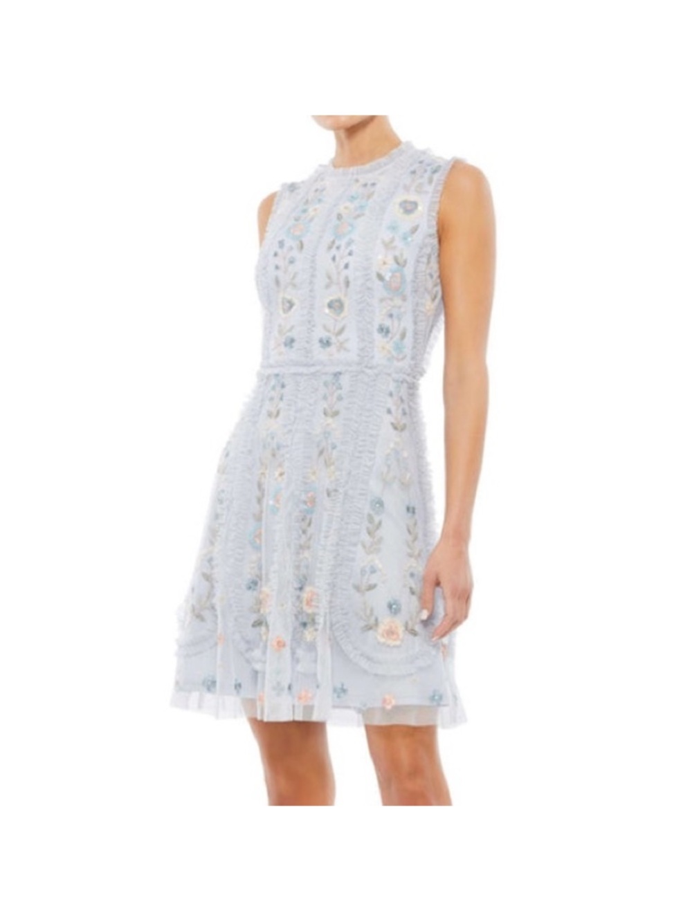 Mac Duggal Light Blue Embroidered Mini Dress with Pastel Floral Accents